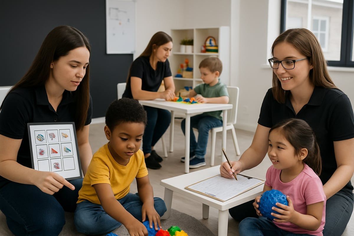 Adults work with children in a classroom setting. One adult points at a chart, another writes, and a third works with blocks.