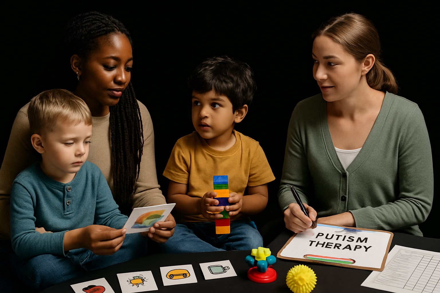 Two adults with two children at a table, using visual aids.