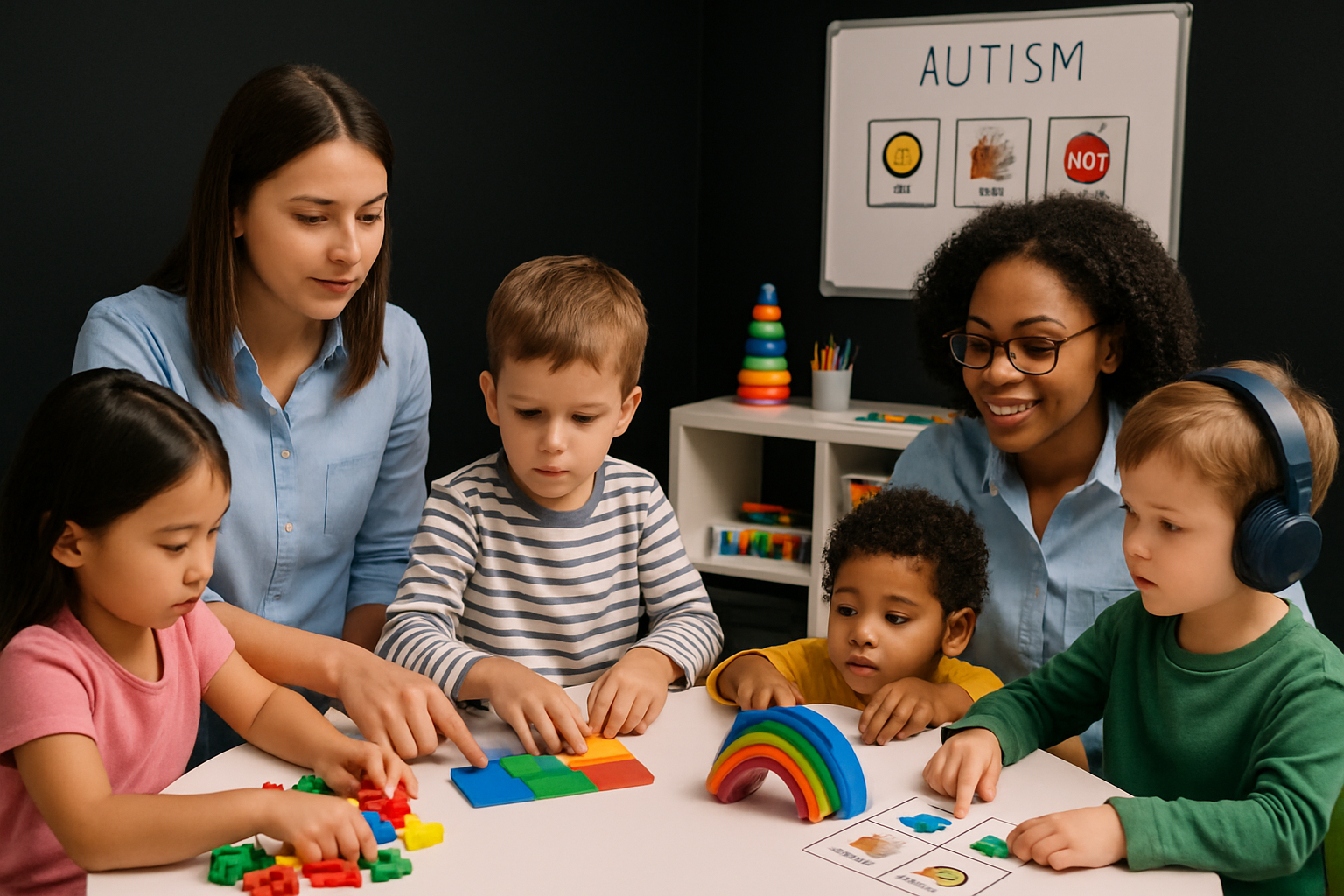 Two teachers assist five children with autism activities at a table; the word