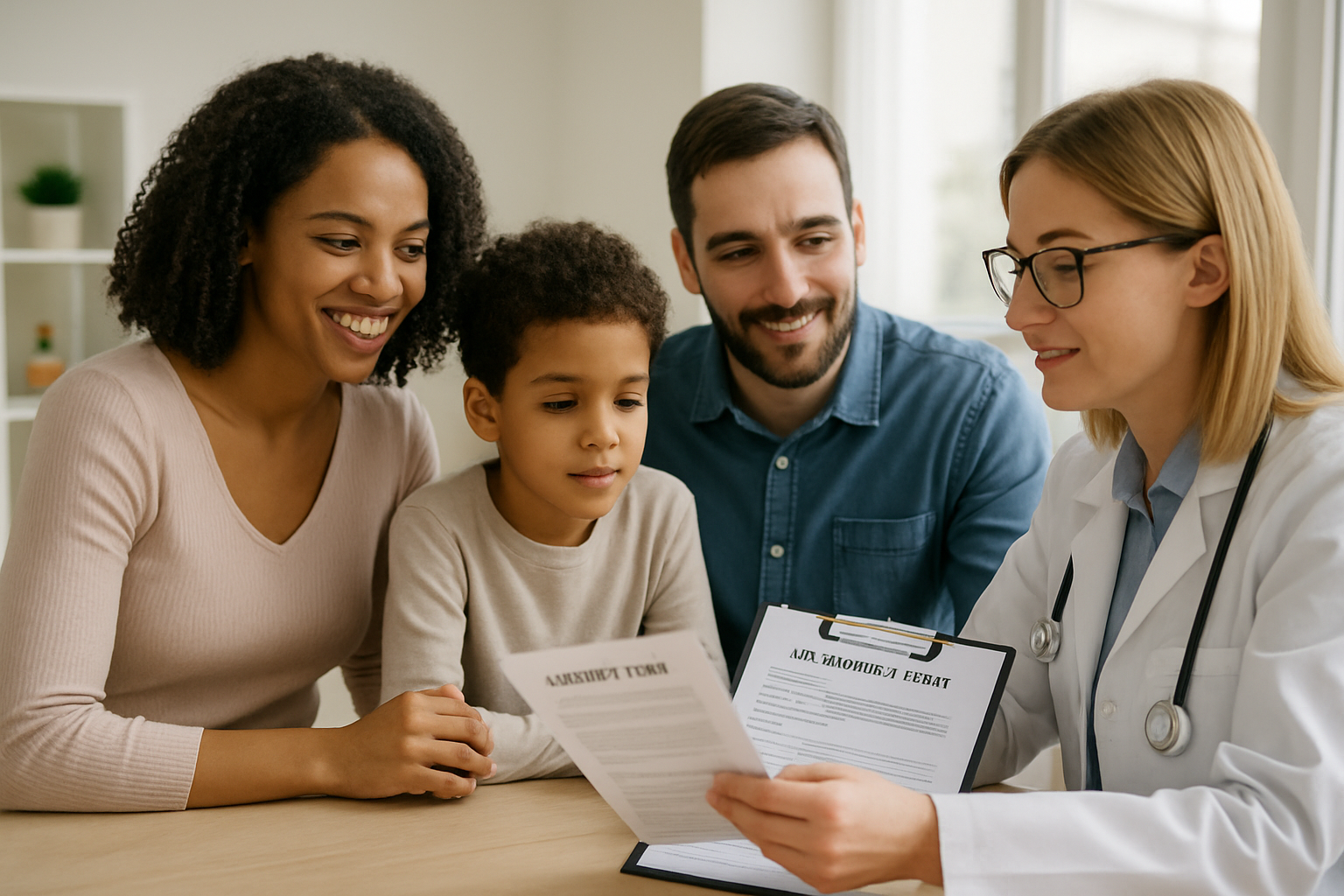 Doctor reviews paperwork with a family; parents and a child watch.