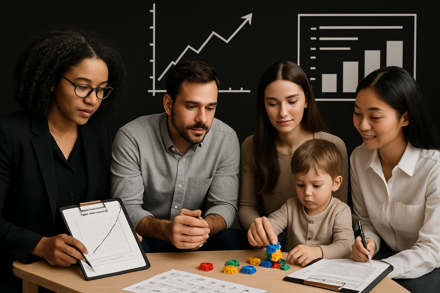 Two professionals assist a family with a child, discussing documents. Whiteboard with graphs in background.
