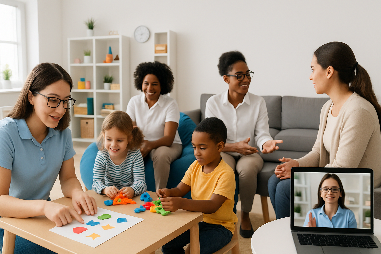People with children in a therapy session; interacting in a bright room with a virtual video conference on a laptop.
