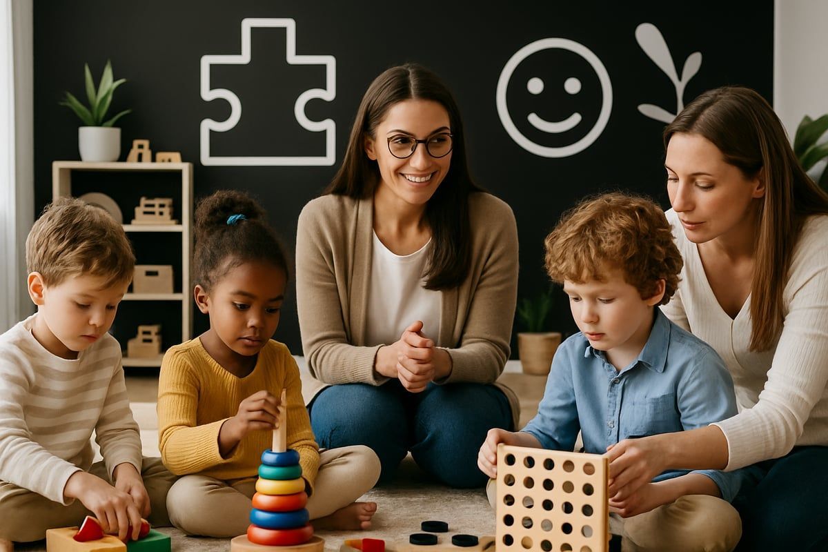 Two teachers with four children in a classroom, playing with blocks and toys. Black chalkboard background.