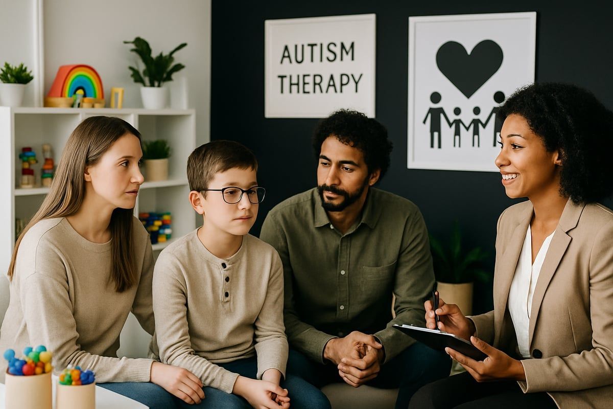 Family and therapist in a therapy session. Child in glasses, parents, and therapist with clipboard.
