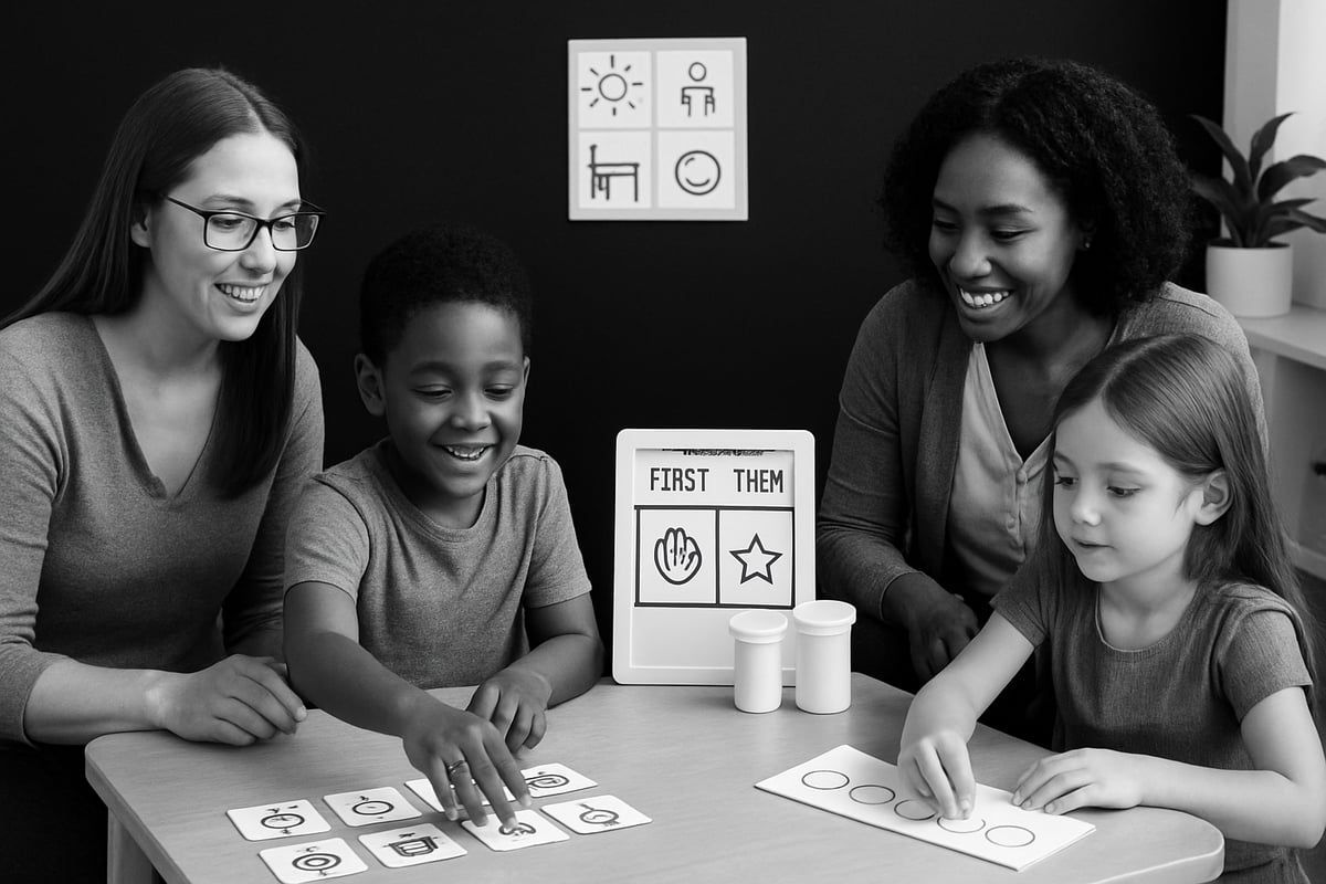 Two adults and two children at a table, playing a matching game. Smiling, bright room with visual aids.
