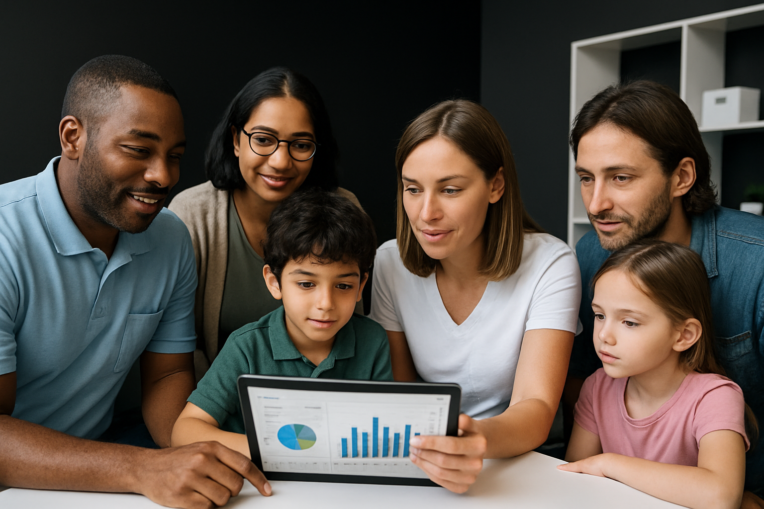 Family of six looking at a tablet showing charts and graphs, indoors.