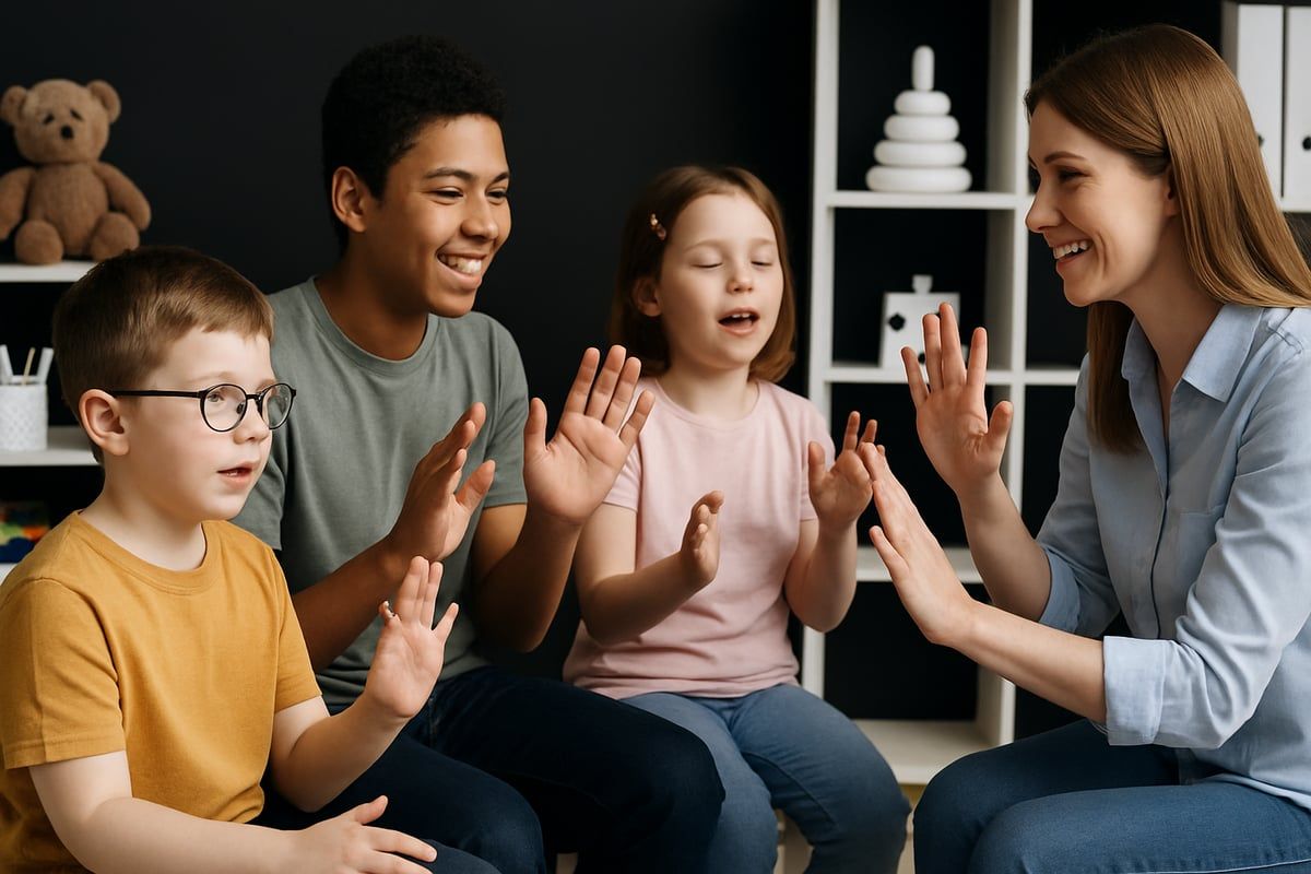 Four people clapping hands: two children, a teen, and a woman indoors.