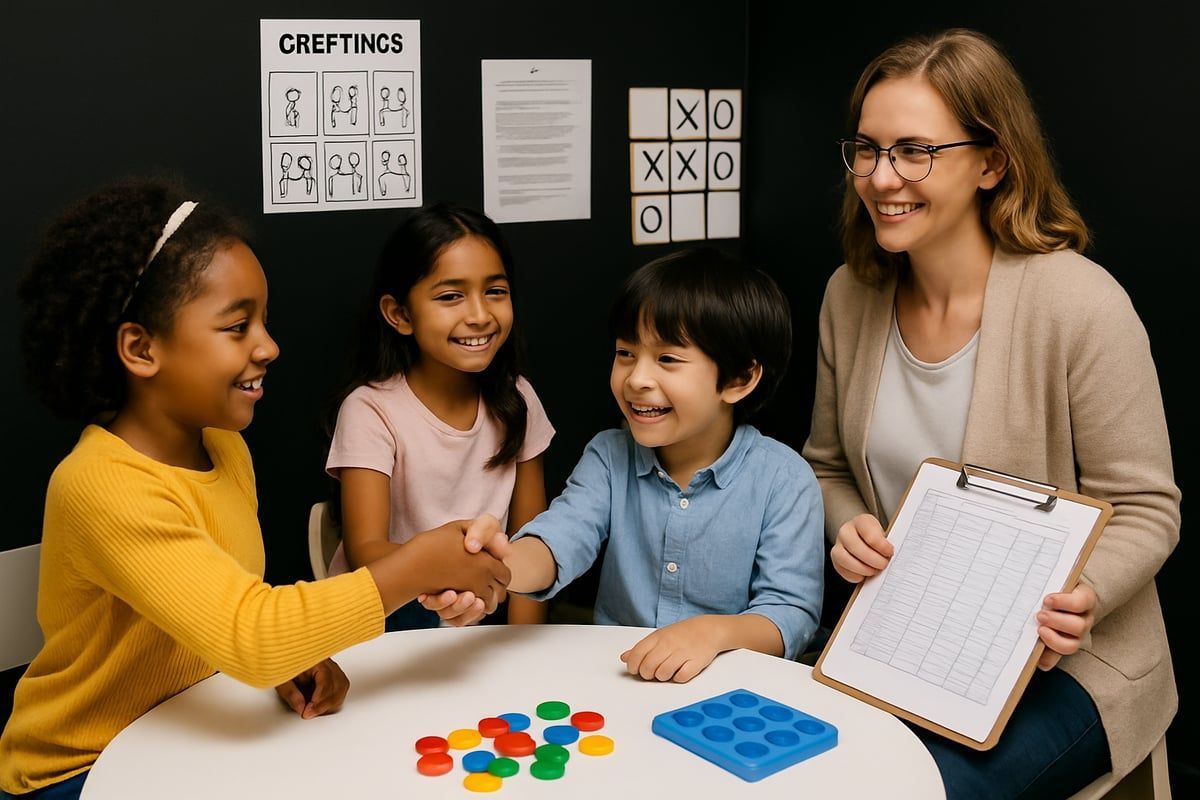 Children shaking hands at a table with a teacher holding a clipboard in a classroom.