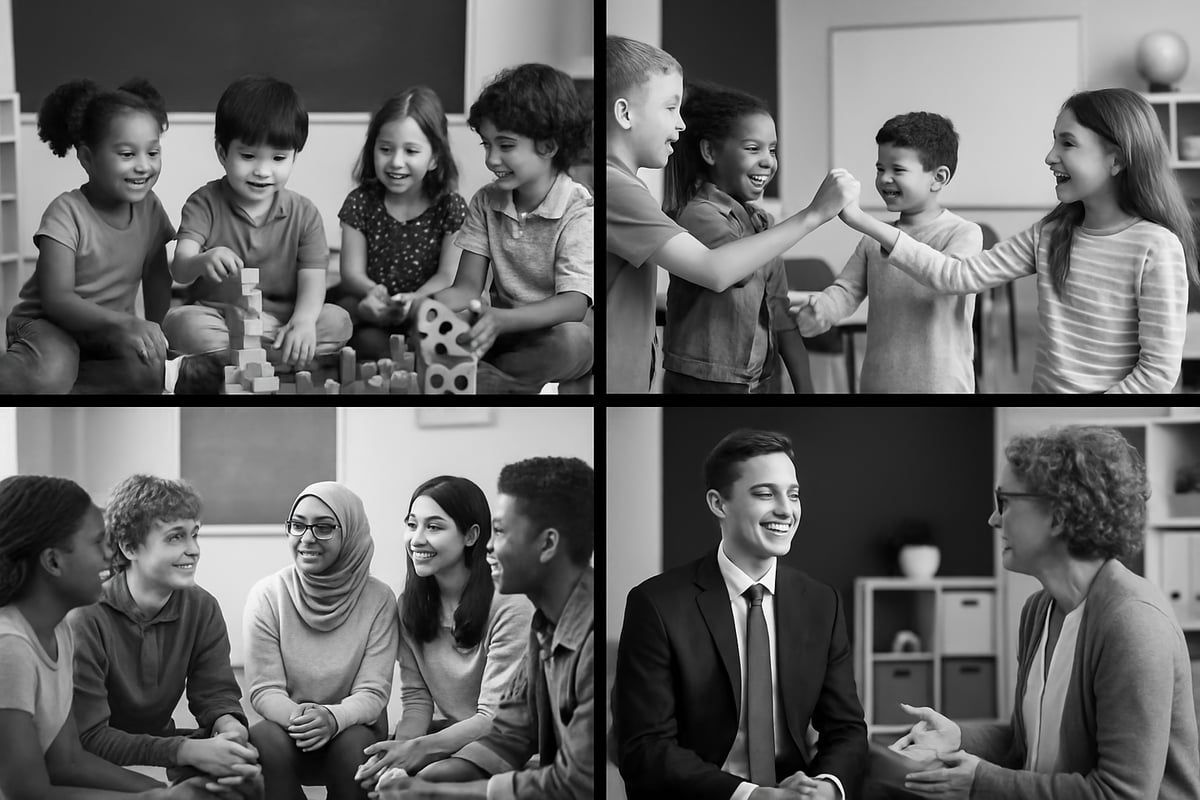 Four panels: children playing, high-fiving, and conversing; adults in conversation.