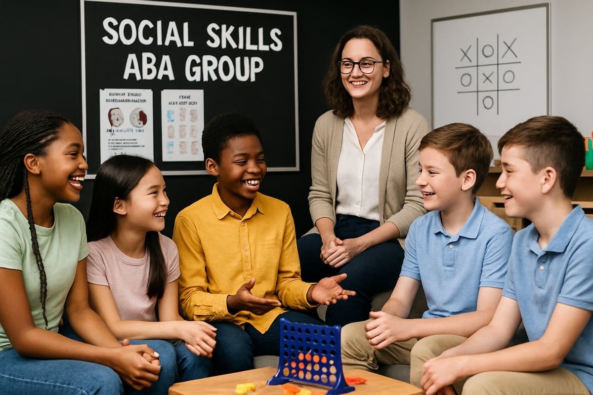 Group of children and an adult smiling, sitting in a circle, playing a game.