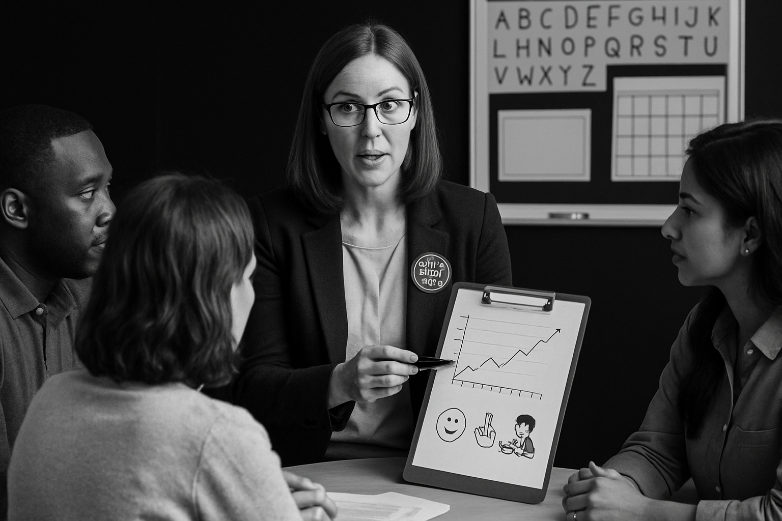 Woman in glasses points at graph during a meeting with three colleagues.