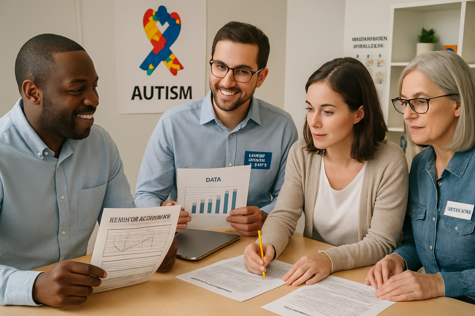 Four people at a table, looking at documents. There's an