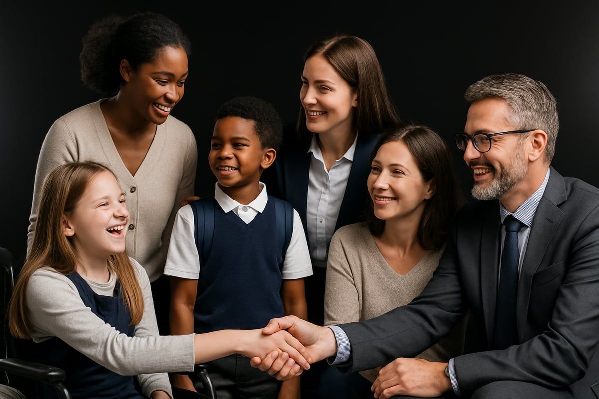 Group of people smiling, a child in a wheelchair shakes hands with a man in a suit. Dark background.