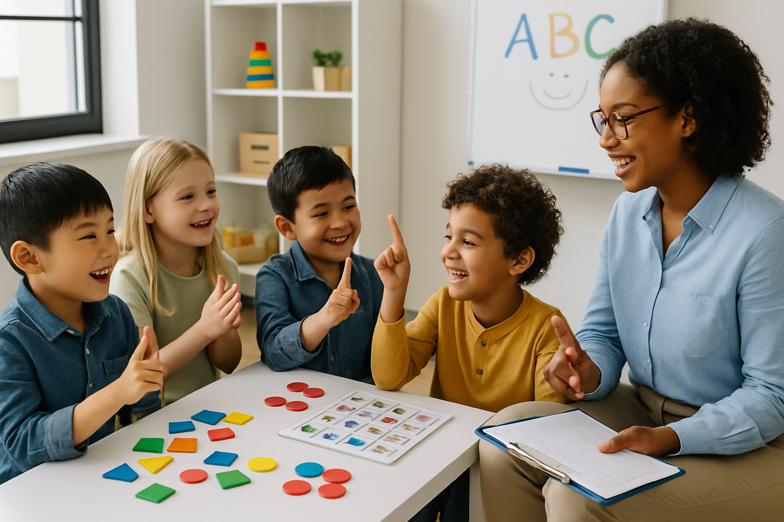 Teacher with children at table; colorful shapes; whiteboard with ABCs; all smiling.
