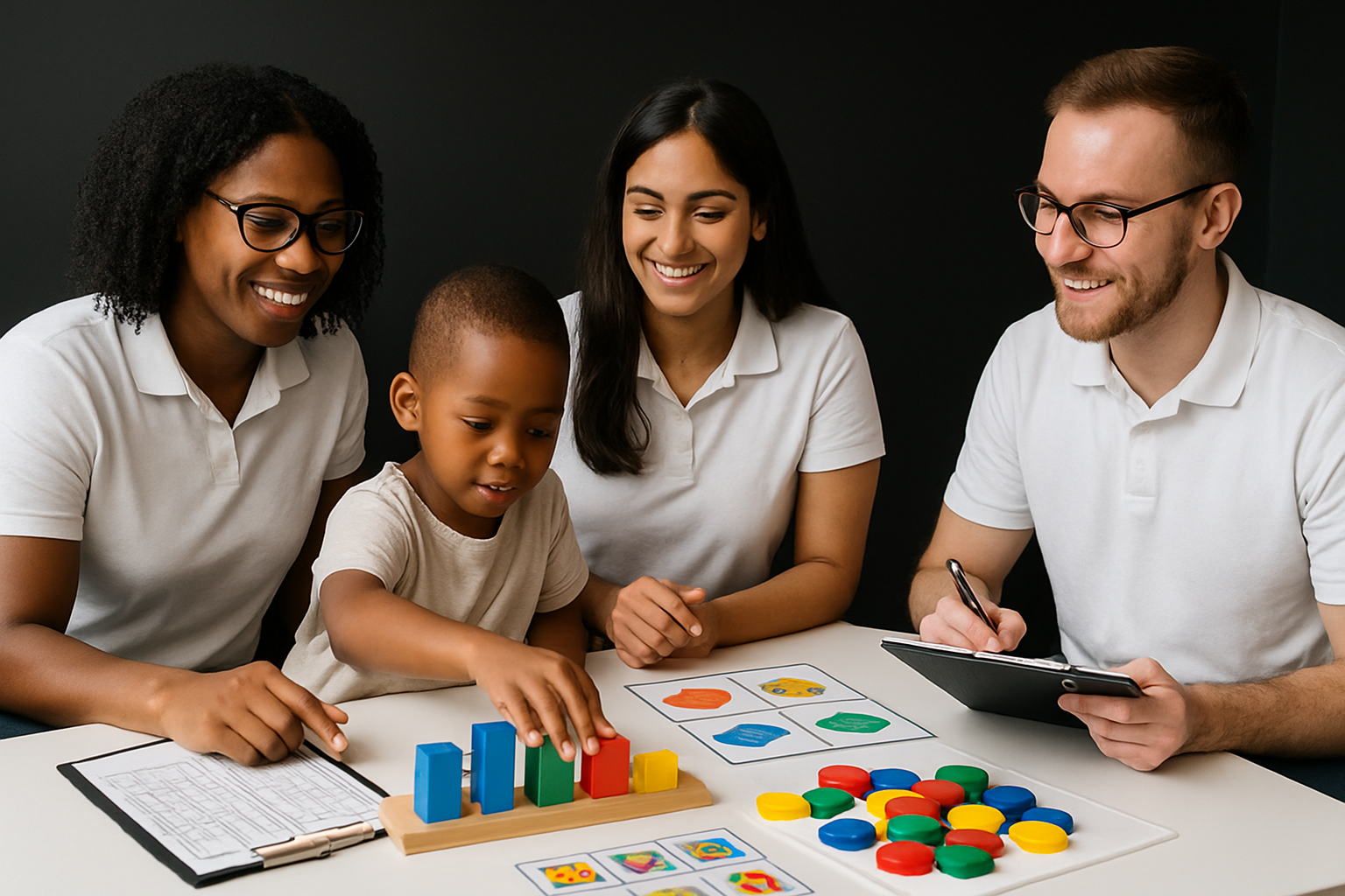 Child and three adults play with colorful blocks at a table.