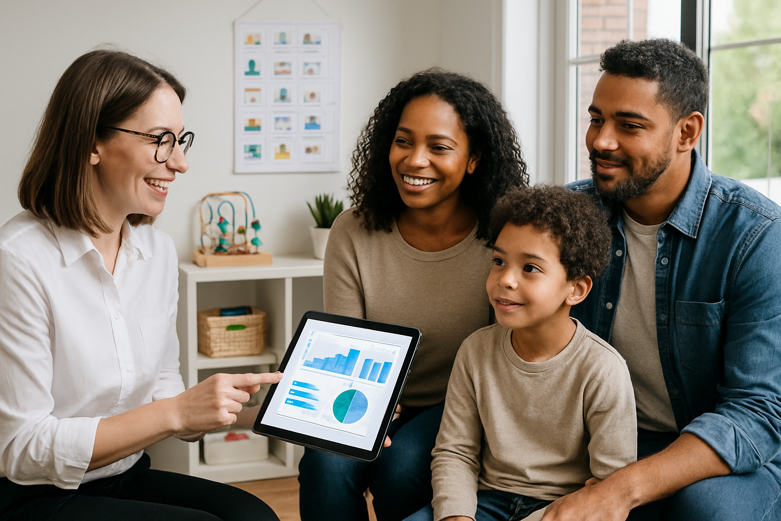 A woman showing a family data on a tablet. The family is smiling. Indoors, bright setting.