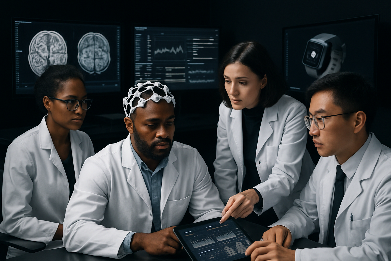 Medical professionals examining brain scan data on a tablet. One wears an EEG cap, others point at the screen.