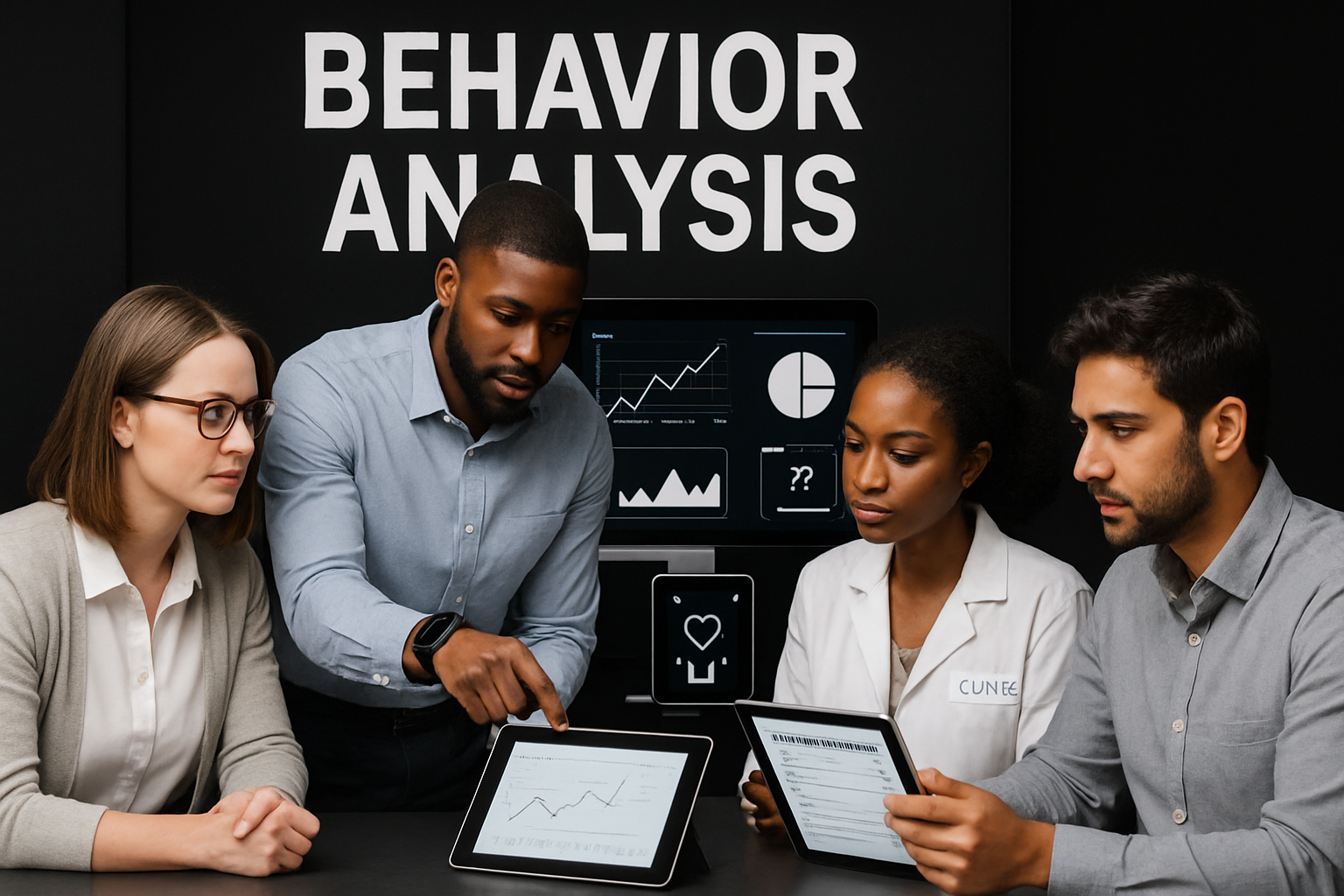 Four people analyzing data on tablets in a dark room. The words 