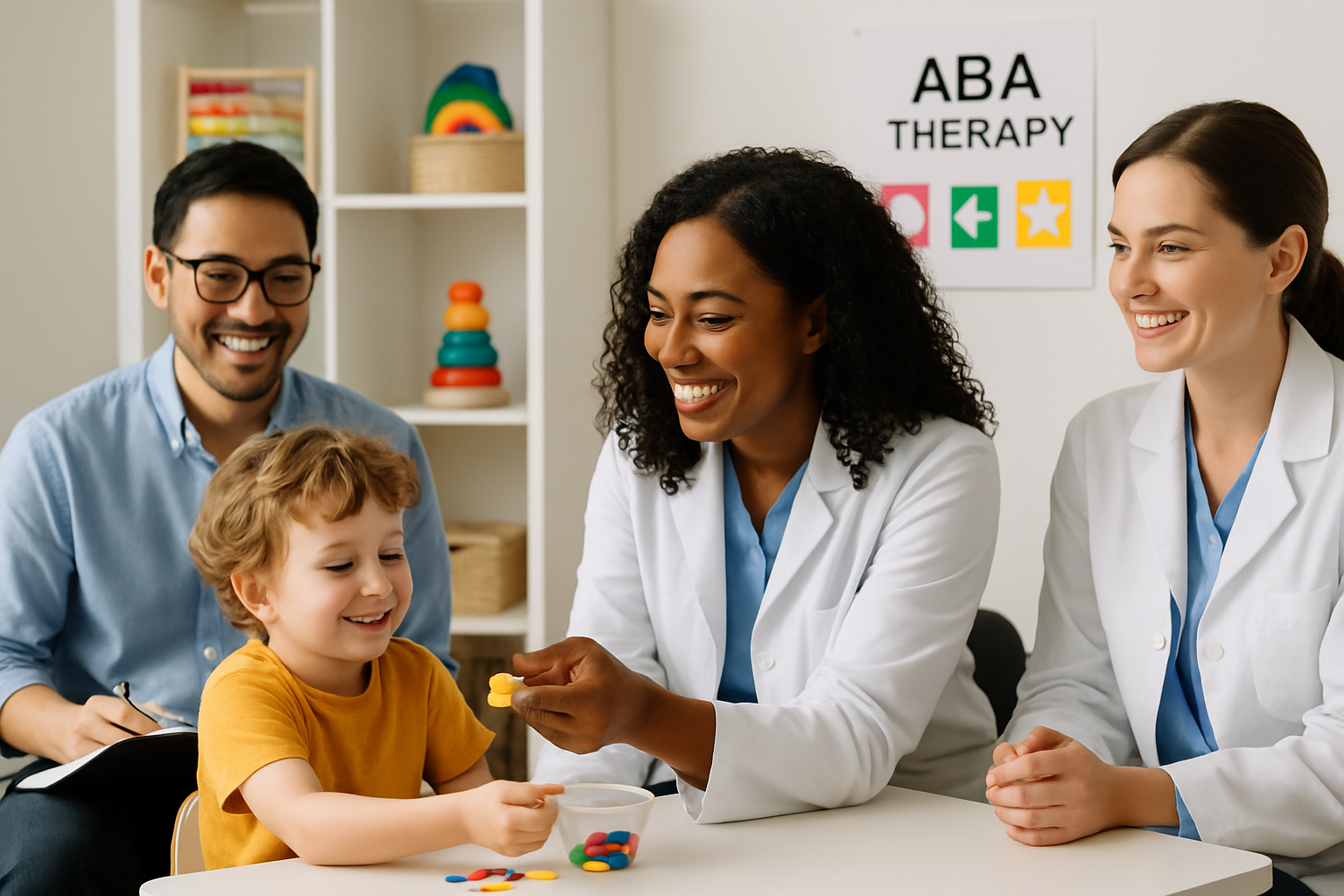 Child in ABA therapy with two therapists and a parent.