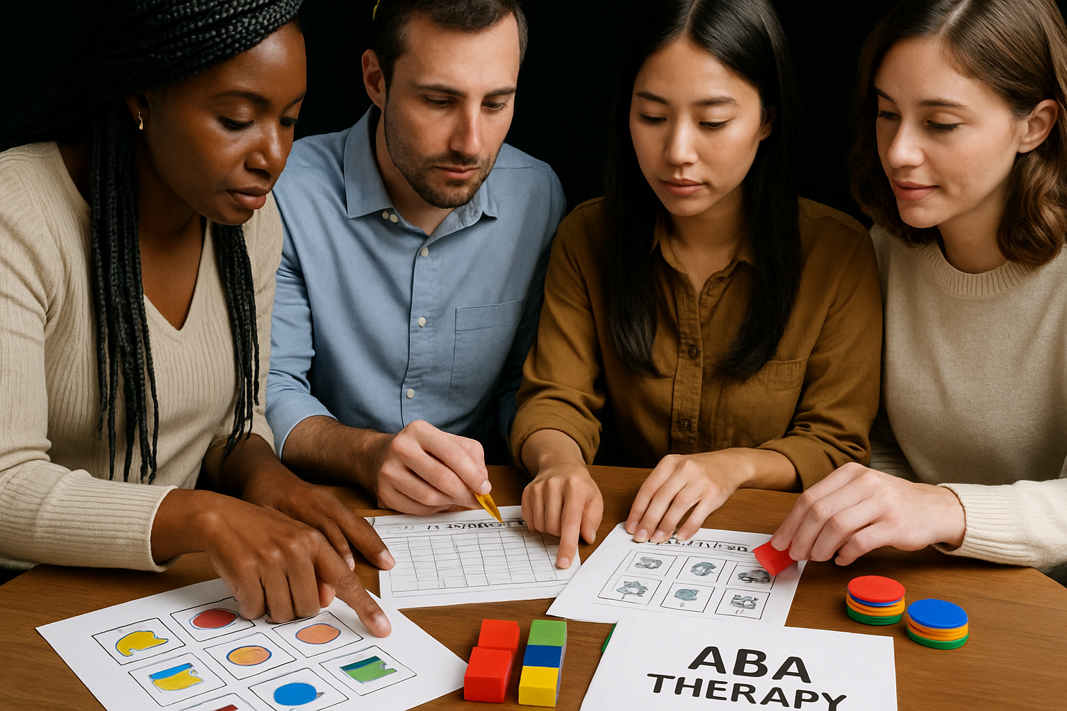 Four people at a table reviewing ABA therapy materials. Papers, blocks, and tokens are present.