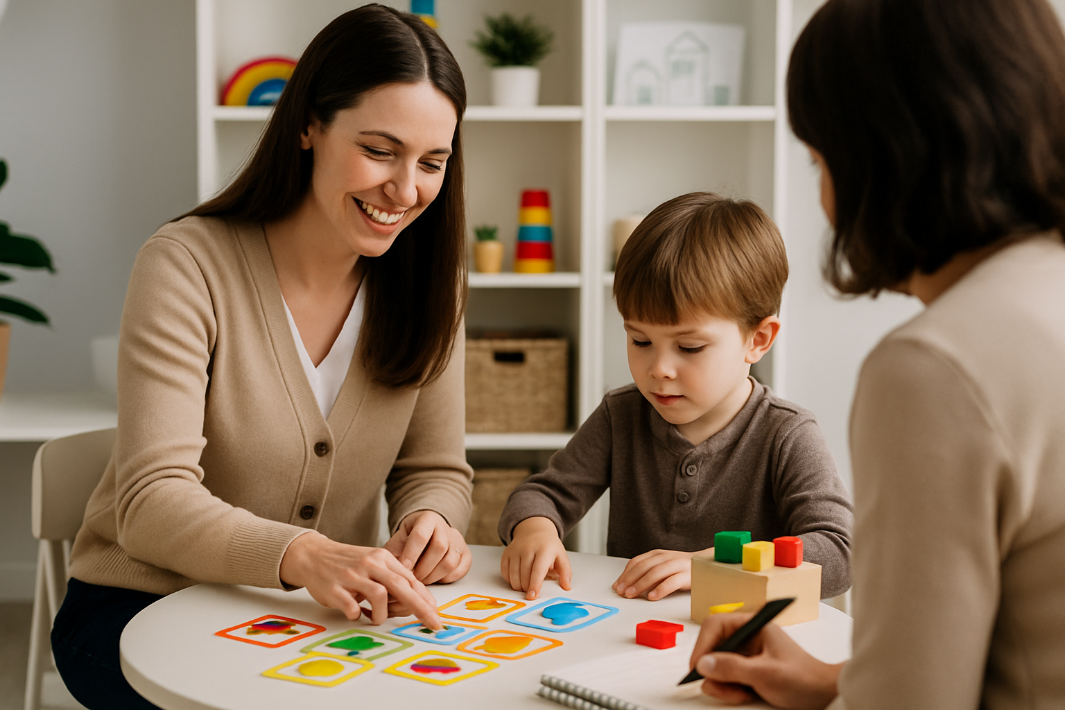 Woman and child playing a game at a table with another person, smiling. White room, toys.
