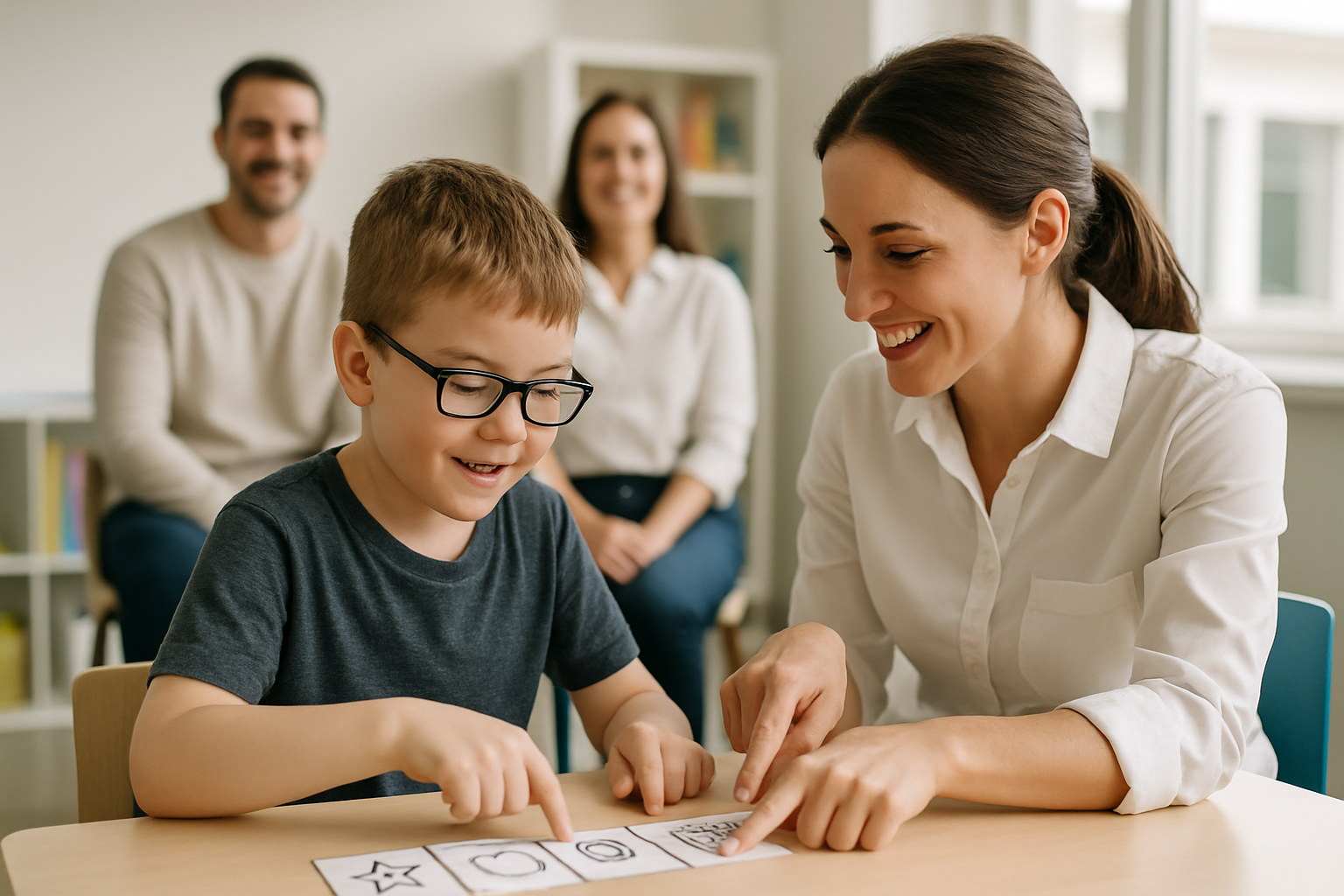 Woman and boy with glasses point at cards at a table while parents watch.