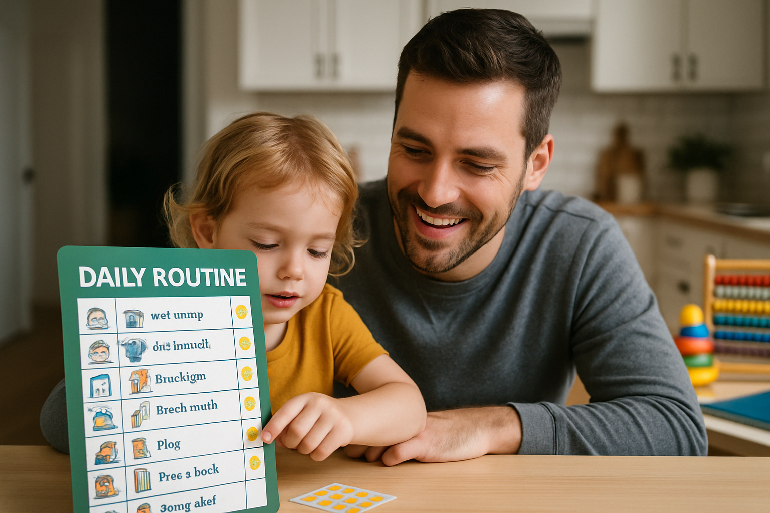Man and child looking at a daily routine chart with colorful icons in a kitchen setting.