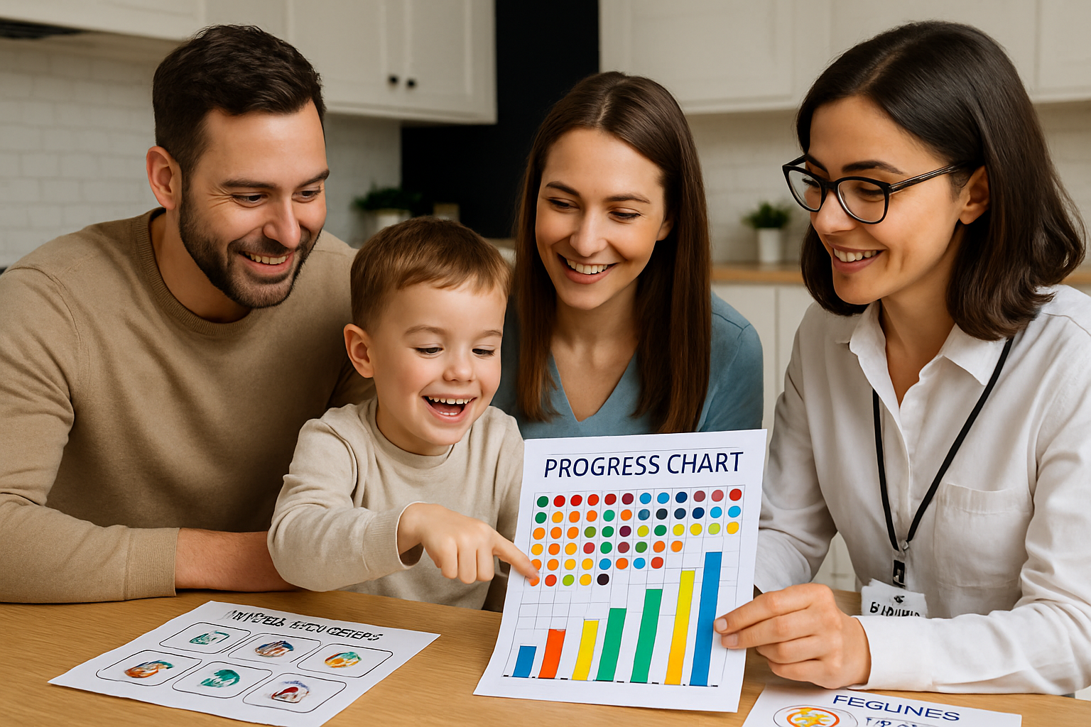 Family and therapist review a