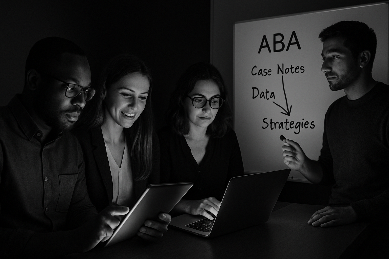 Four people in a dimly lit room, looking at data on a laptop and tablets