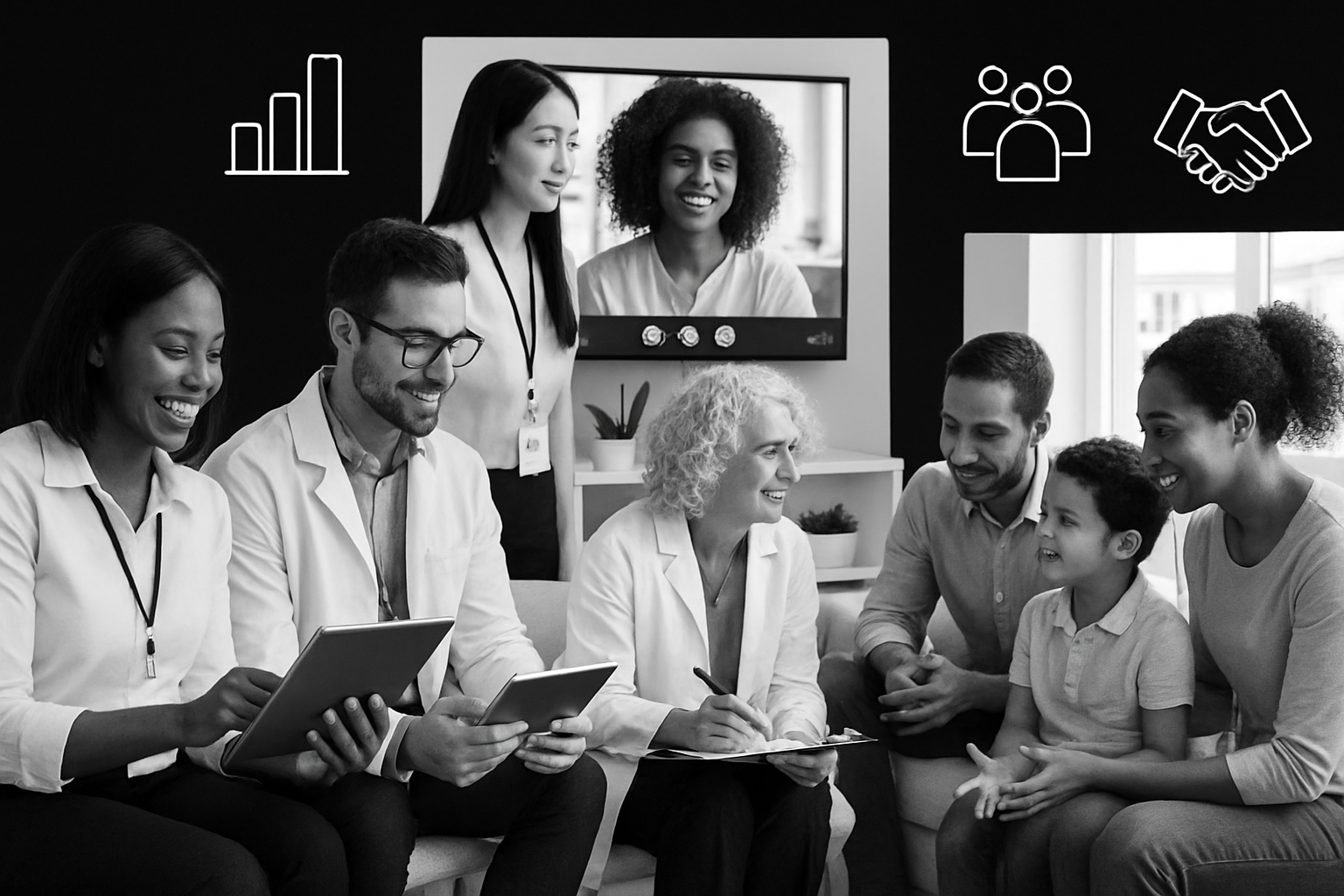 Medical professionals and families consulting, including a telehealth video call, with supportive icons.