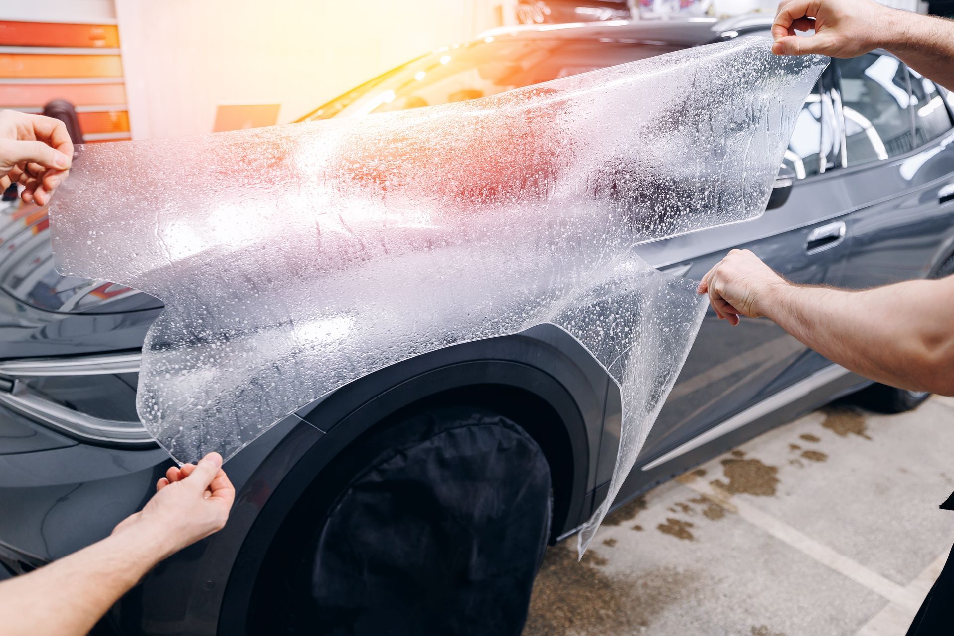 Applying clear protective film to a black car's fender.