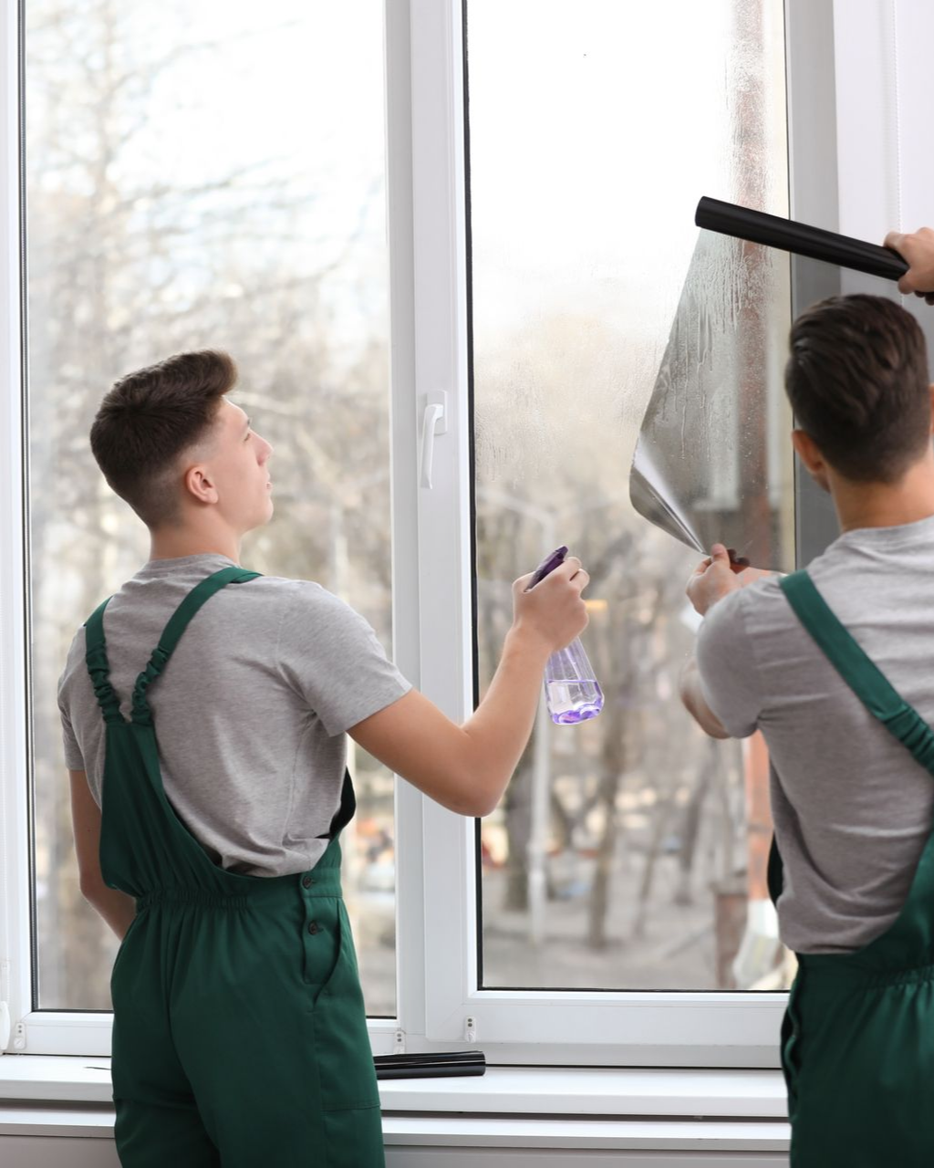 Two workers installing window tint. One sprays window, the other smooths tint with a tool. Indoor, near a large window.
