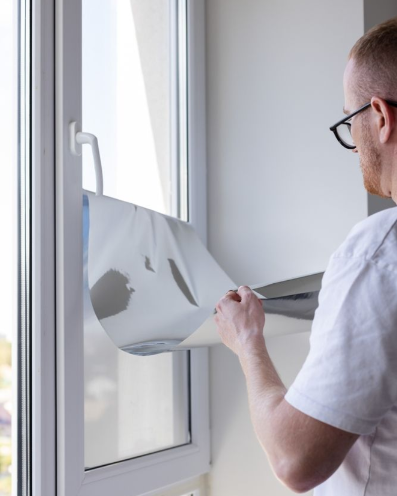 Person applying reflective window film to a window.