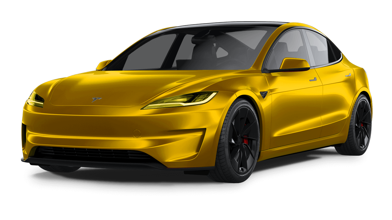 Pink Tesla sedan with black wheels, on a white background.