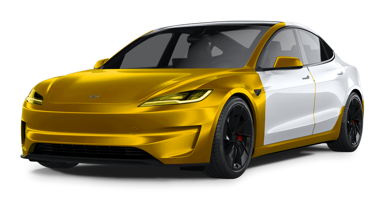 Tesla Model S car with pink color overlay on front panels and wheels.