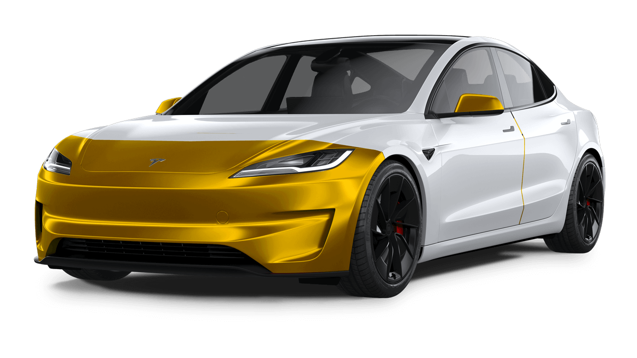 White Tesla car with pink highlighted areas.