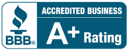 A blue sign that says accredited business a + rating