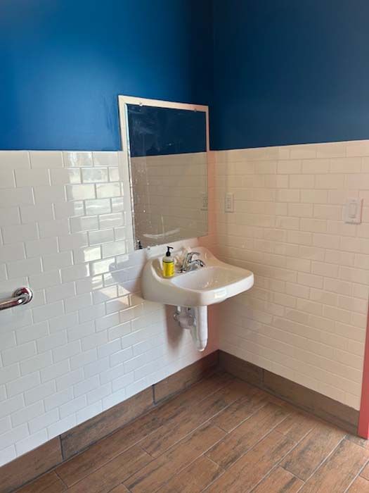 A bathroom with a sink , mirror and blue walls.