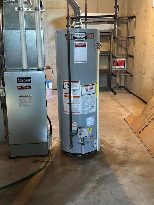 A water heater is sitting in a basement next to a furnace.