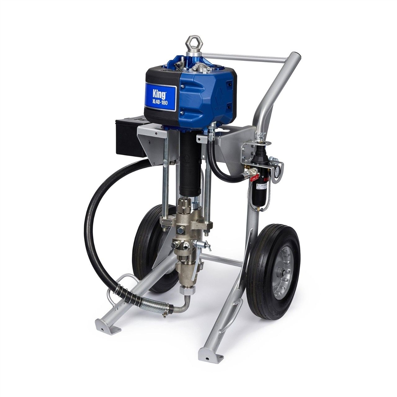 A blue and black airless paint sprayer with wheels