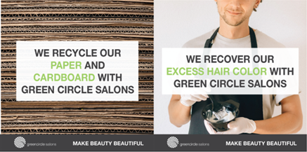 An advertisement promoting recycling practices at salons. It shows a stack of cardboard and a hair stylist mixing hair color.