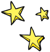 Three yellow stars with black outlines on a white background.