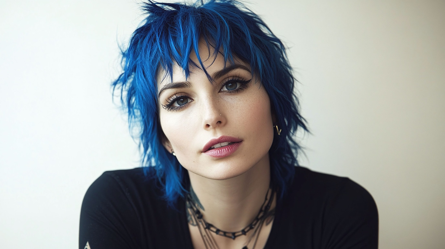 A woman with blue hair is wearing a black shirt and a necklace.