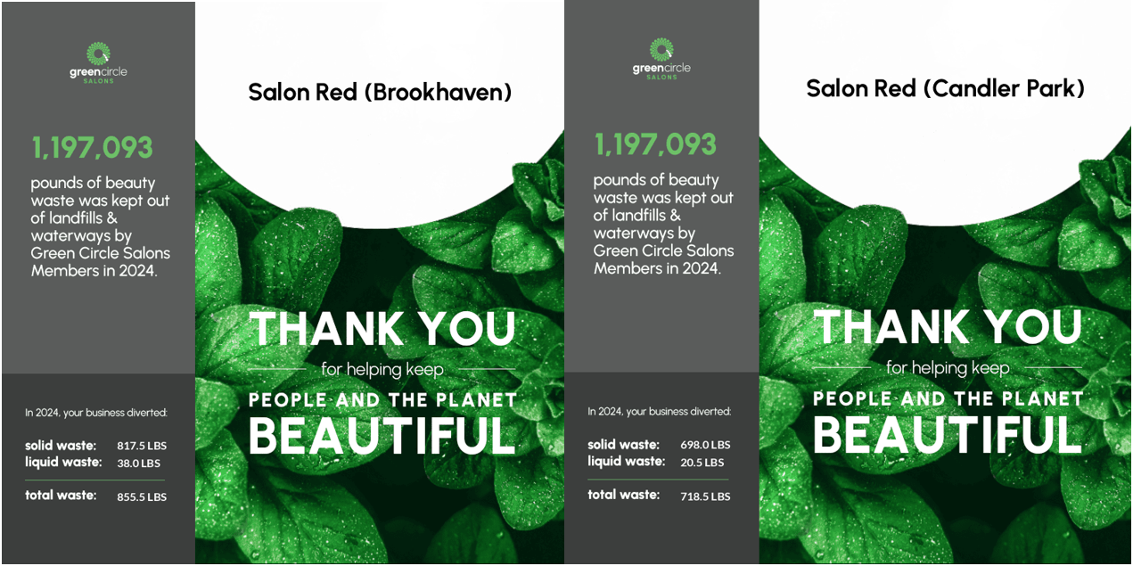 Two vertical graphics side-by-side with green leaves and text. One says