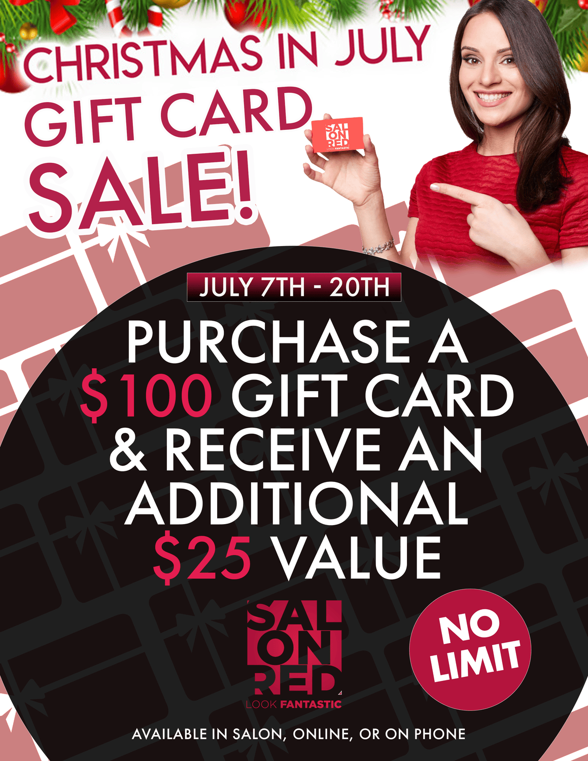 A poster for a christmas in july gift card sale
