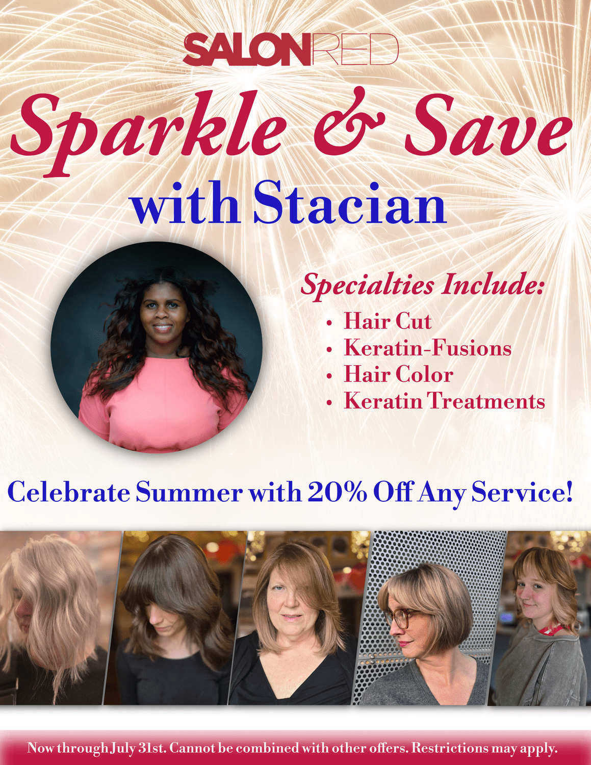 A flyer for a salon that says sparkle and save with stacian