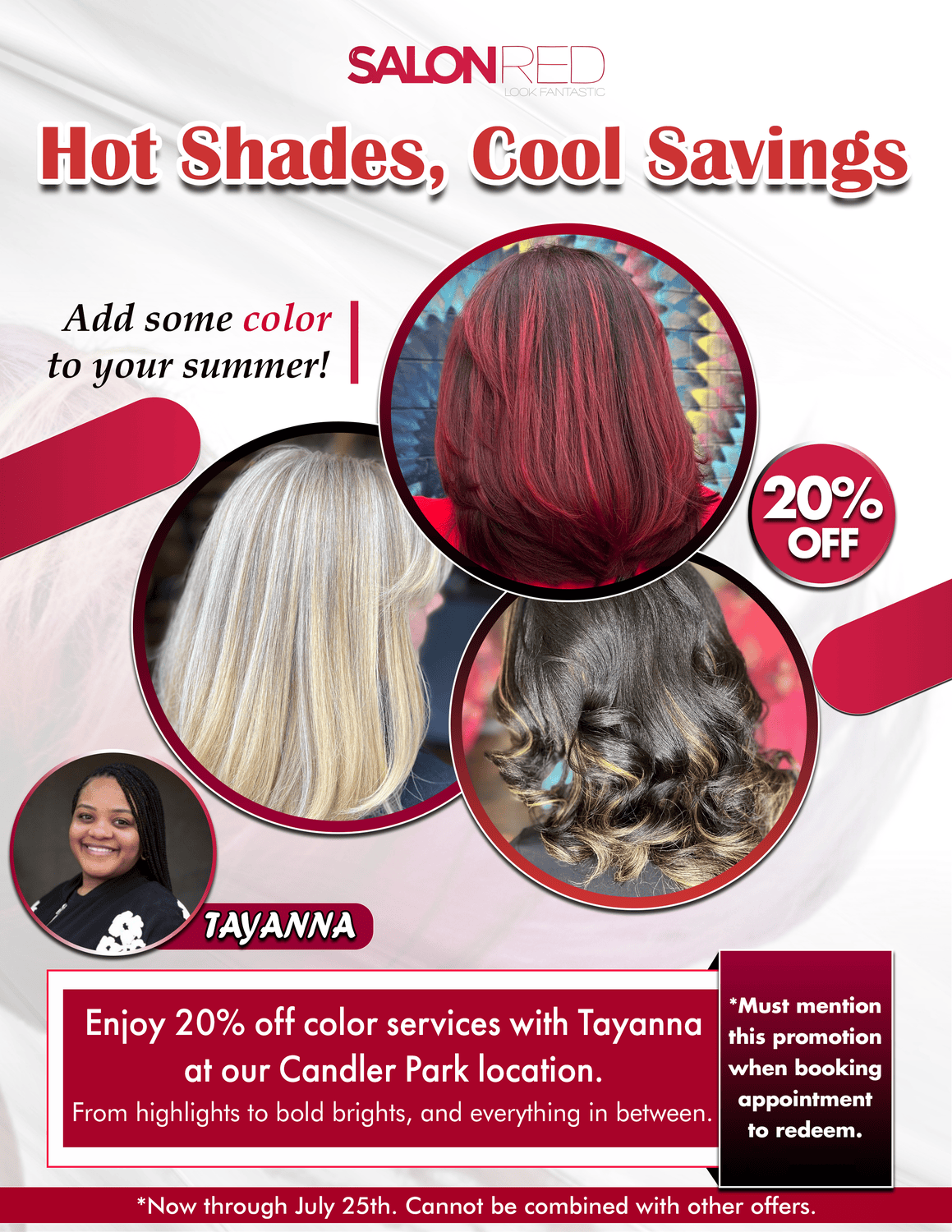 A flyer for a salon advertising hot shades , cool savings.