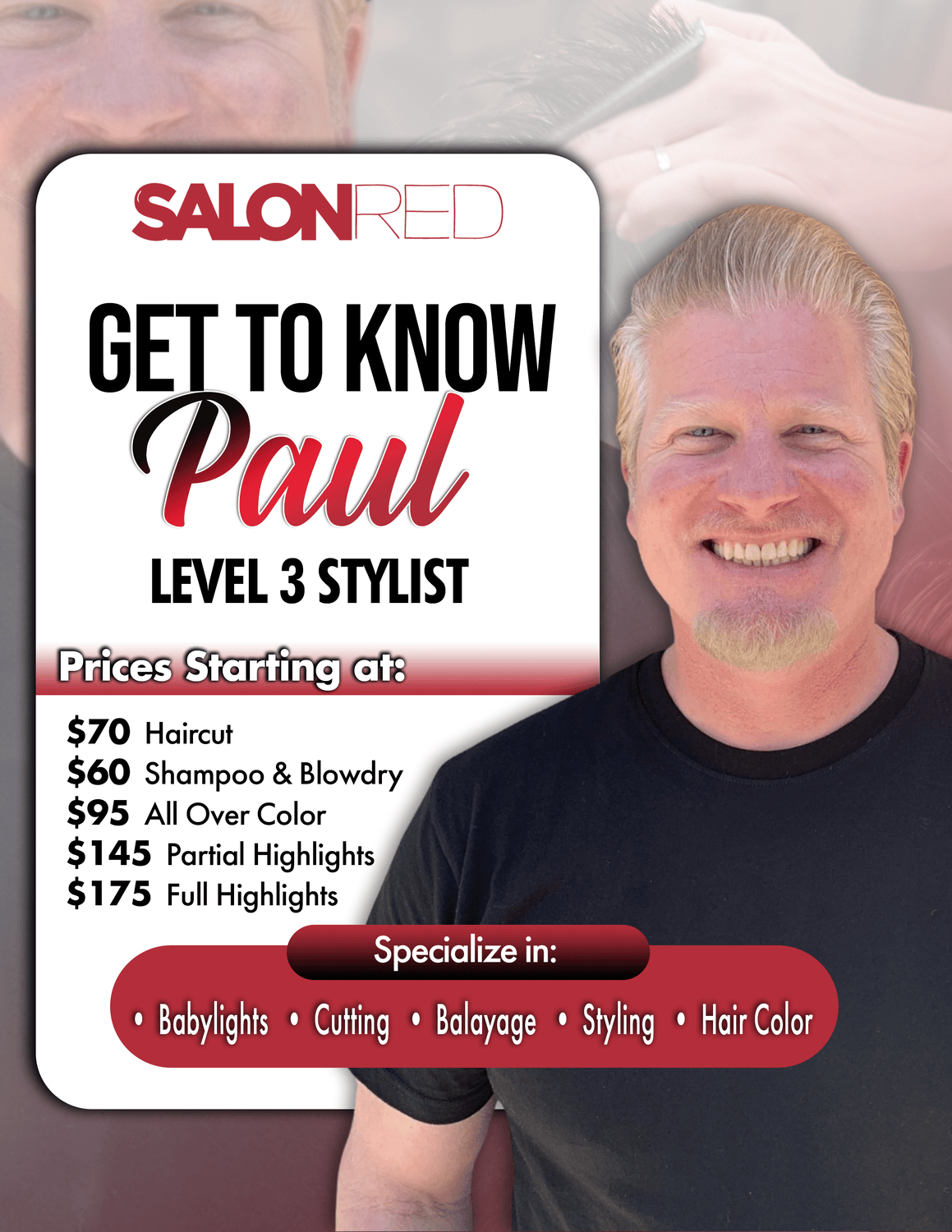 A man with a beard is on a poster that says get to know paul level 3 stylist