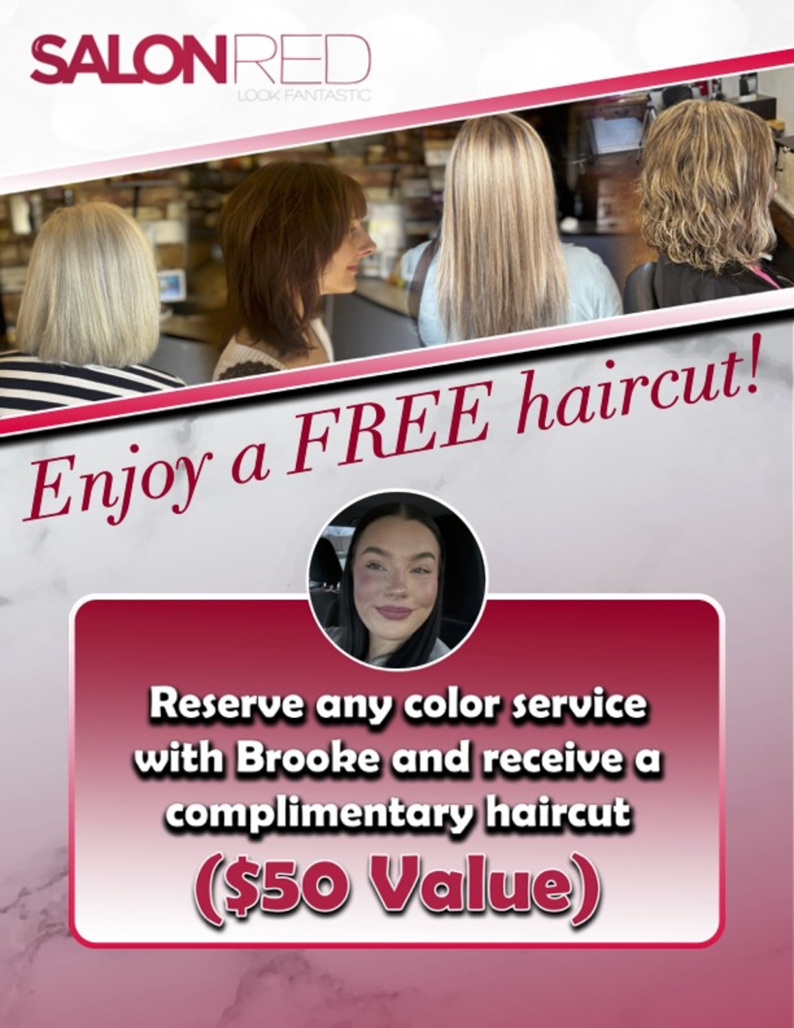 An advertisement for a free haircut at salon red