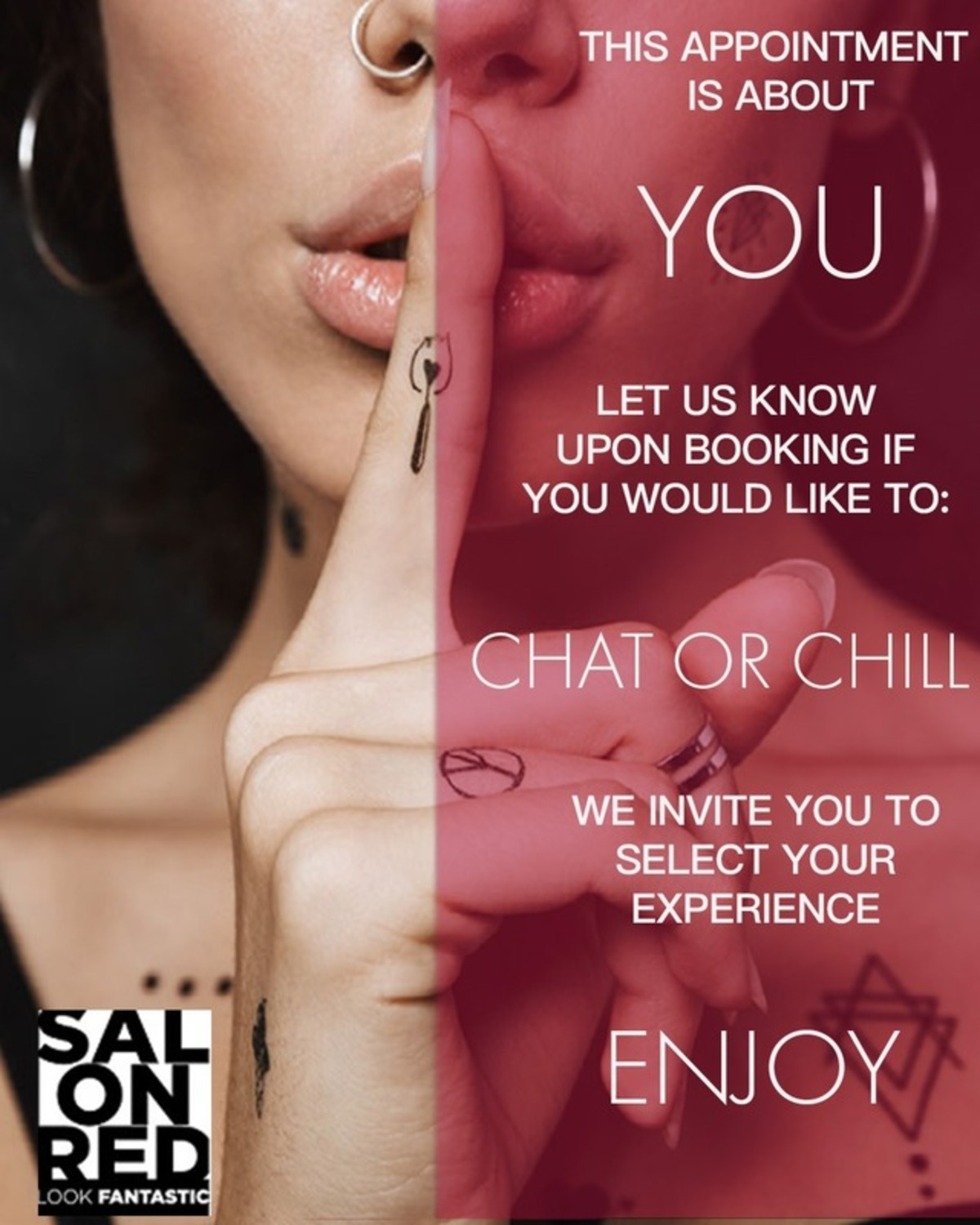 An advertisement for salon on red shows a woman covering her mouth with her finger